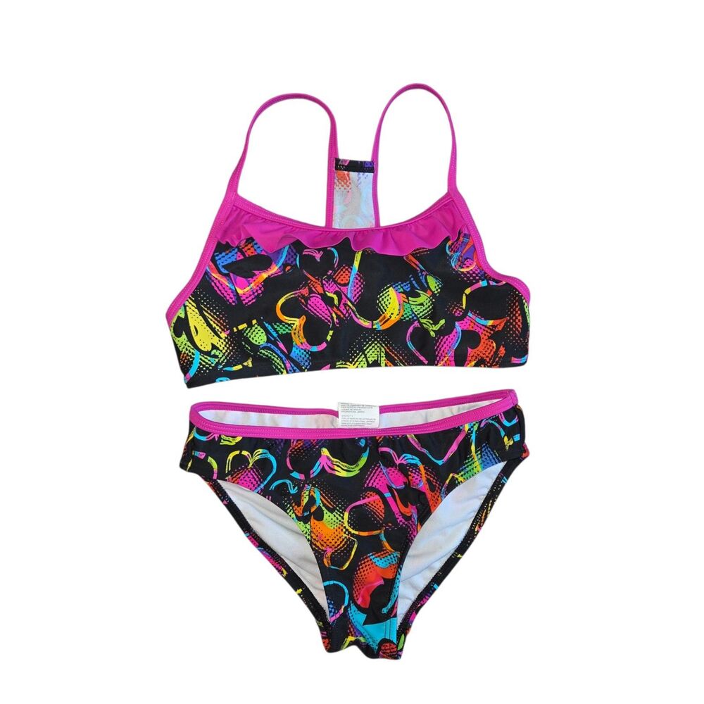 Speedo Girls Neon Heart Graffiti Bikini Set Size 10 Ruffle Racerback 2pc...
